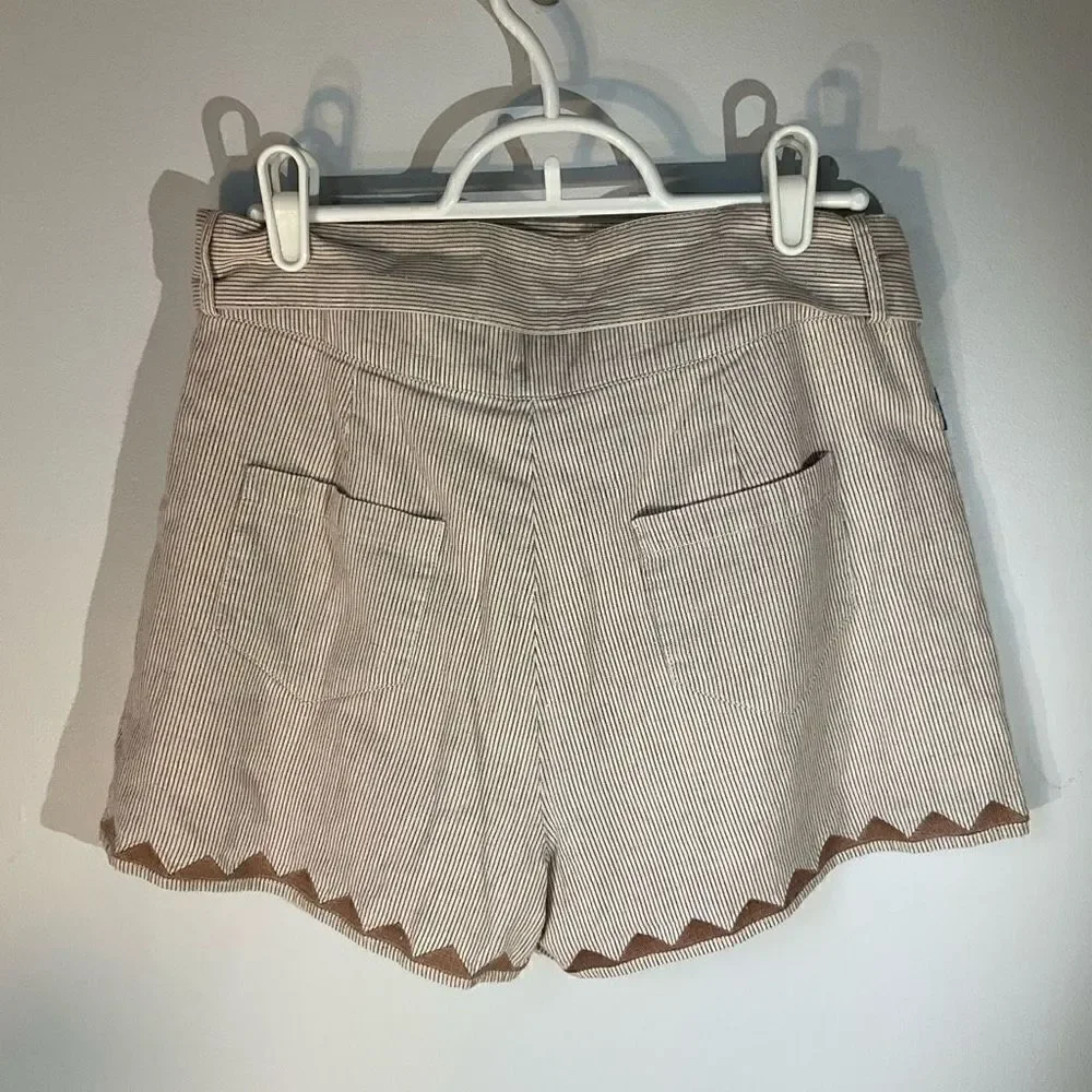 Moon River Pleat Blanket Stitch Short Paper Bag Shorts. Brown Pinstripes, Medium